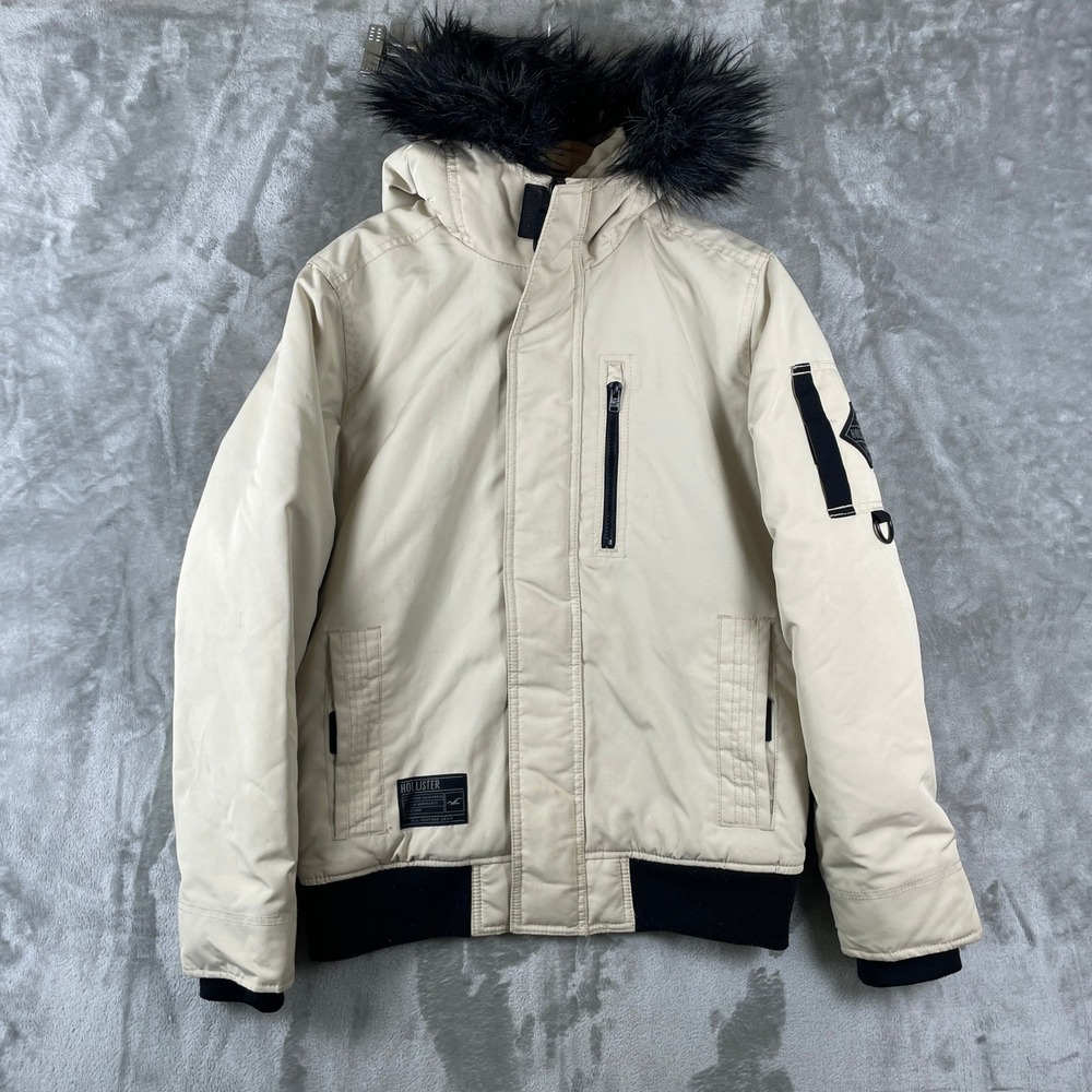 Hollister All-Weather Jacket Mens Small Cream Faux Fur Hood Ski Winter Snow Y2K